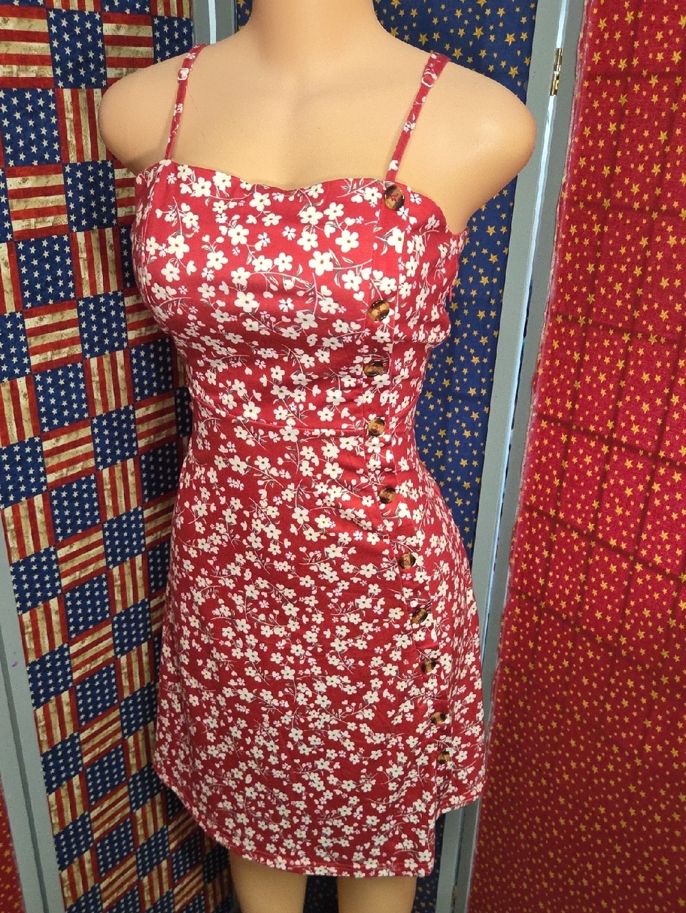 Red Floral Spaghetti-Strap Mini Dress with Side Button Accents